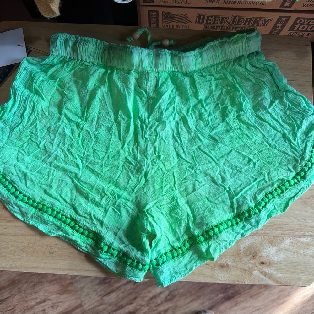 Rays Sun Junior Lime Green Pom Pom Shorts Boho Chic Beach Vacation Drawstring L - Picture 10 of 14
